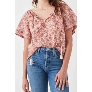 Faherty Florence Pink Floral Cotton Short Sleeve Blouse Flowy Women's size XS